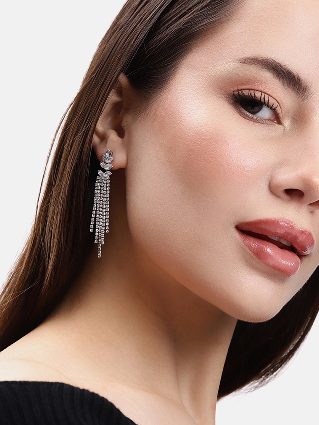 

DressBerry Leaf Shaped Stone Studded Drop Earrings, Silver