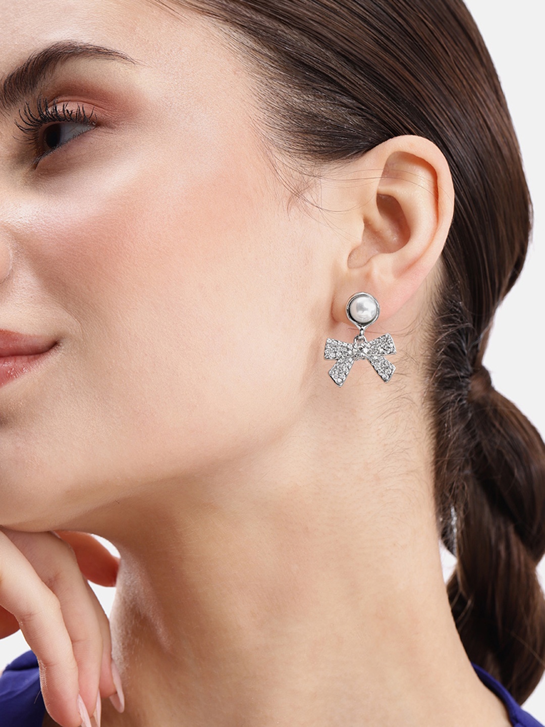 

DressBerry Bow Shaped Beads & Stone Studded Drop Earrings, Silver