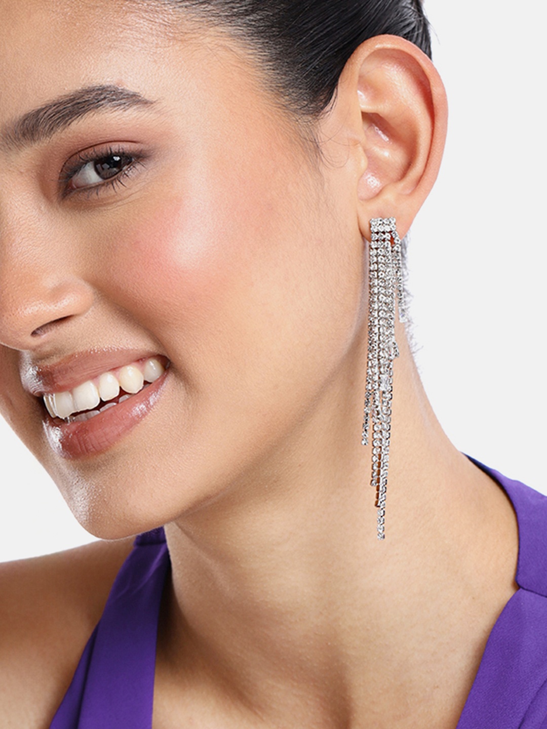 

DressBerry Stone Studded Tassel Style Contemporary Drop Earrings, Silver
