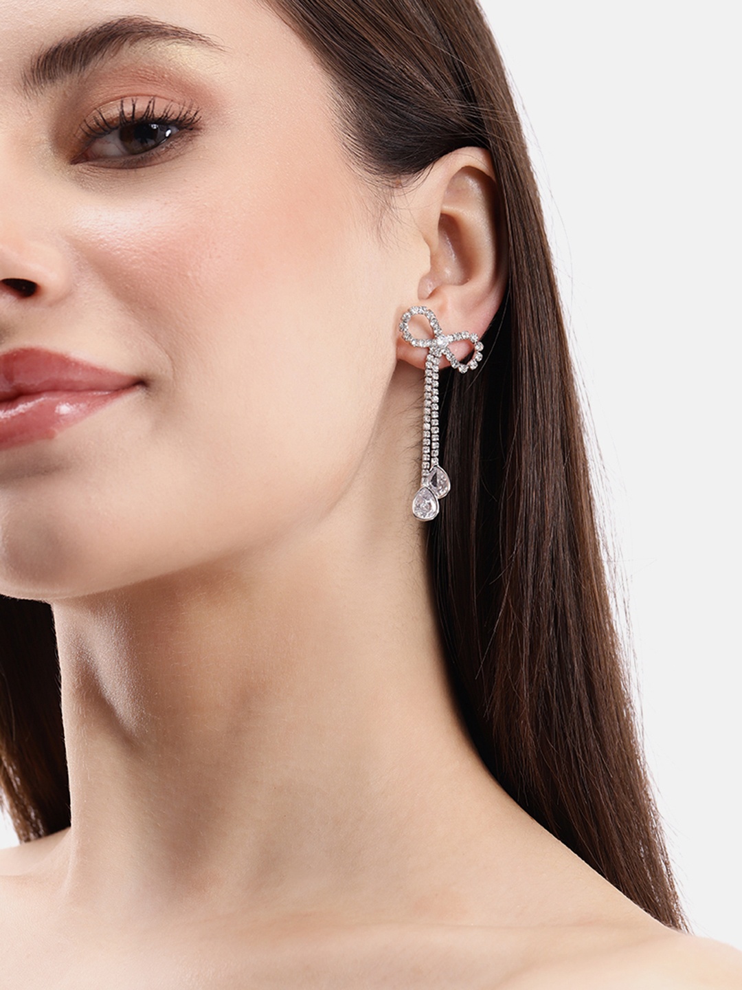 

DressBerry Bow Shaped Stone Studded Drop Earrings, Silver