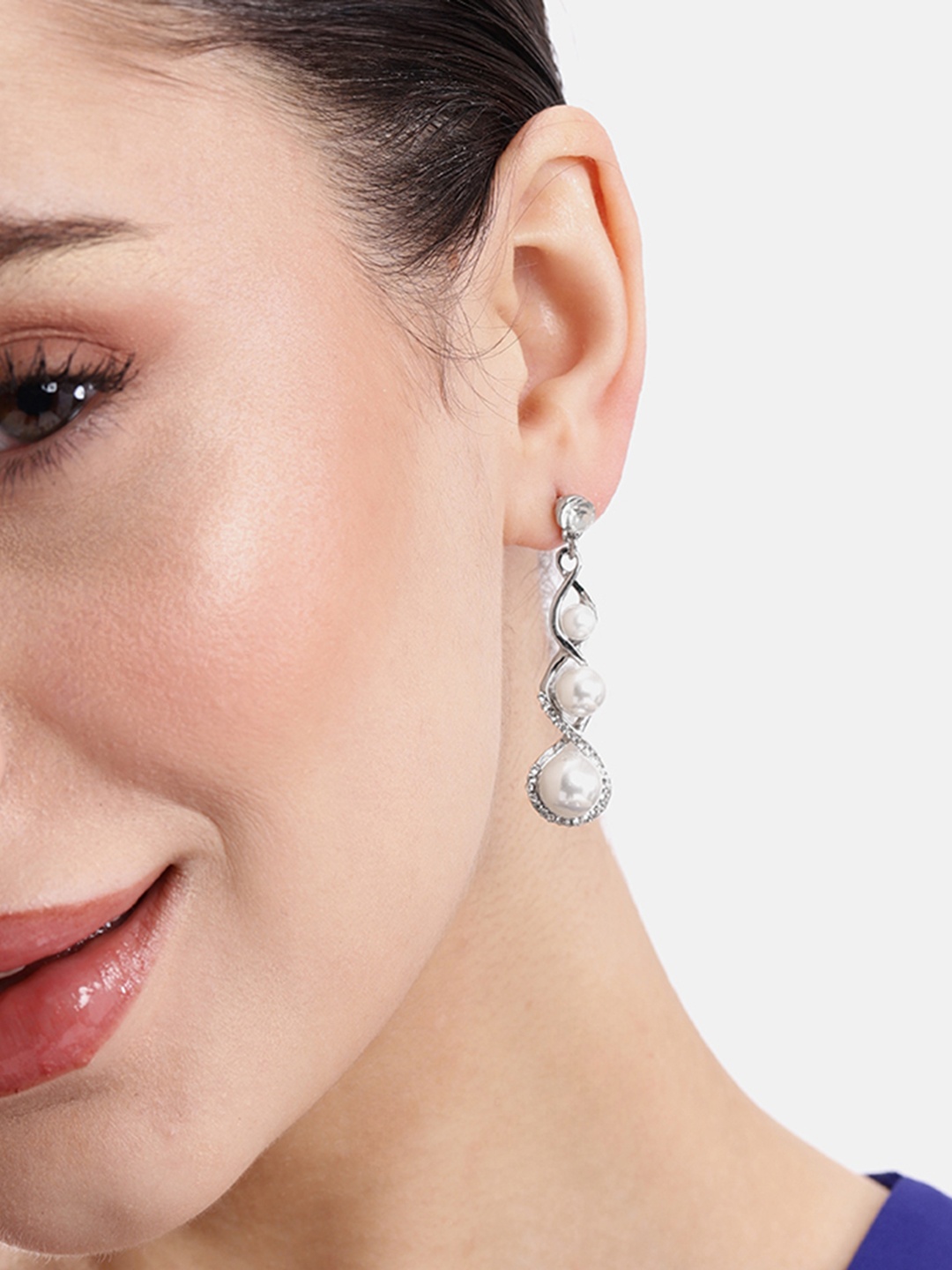 

DressBerry Circular Shaped Beads & Stone Studded Drop Earrings, Silver