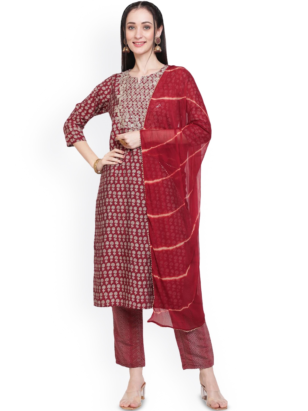 

BAESD Women Floral Printed Regular Sequinned Kurta with Trousers & With Dupatta, Maroon