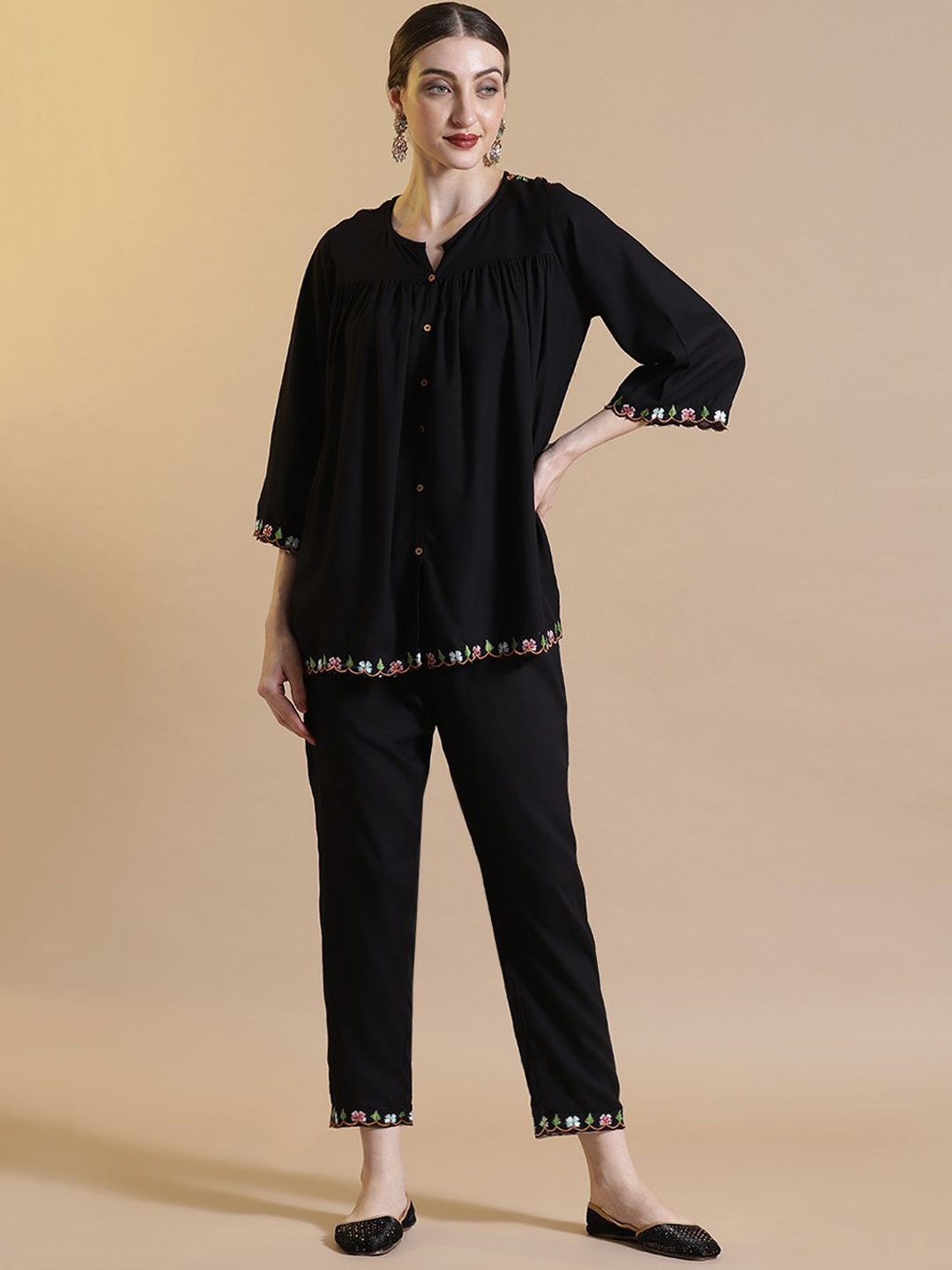 

STYLEBAAZI Floral Embroidered Round Neck Top With Trousers Co-Ords, Black