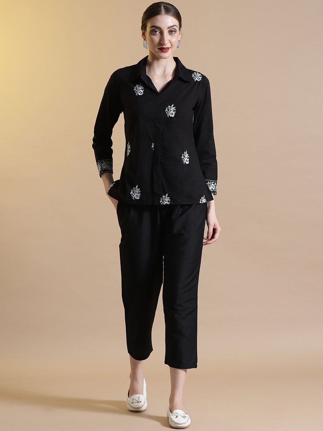 

STYLEBAAZI Floral Embroidered Pure Cotton Shirt With Trousers Co-Ords, Black