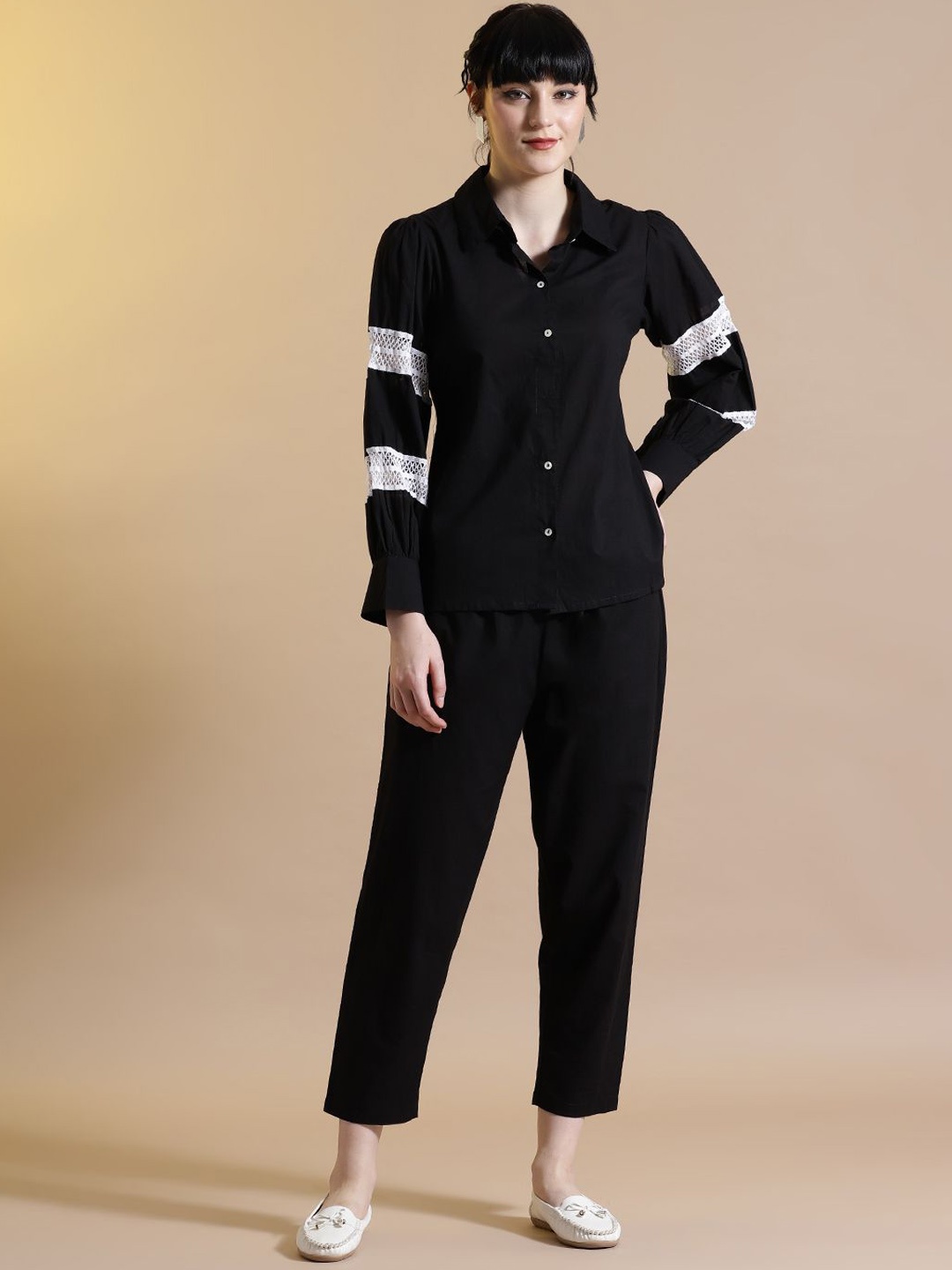 

STYLEBAAZI Pure Cotton Shirt Collar Neck Shirt With Trousers Co-Ords, Black