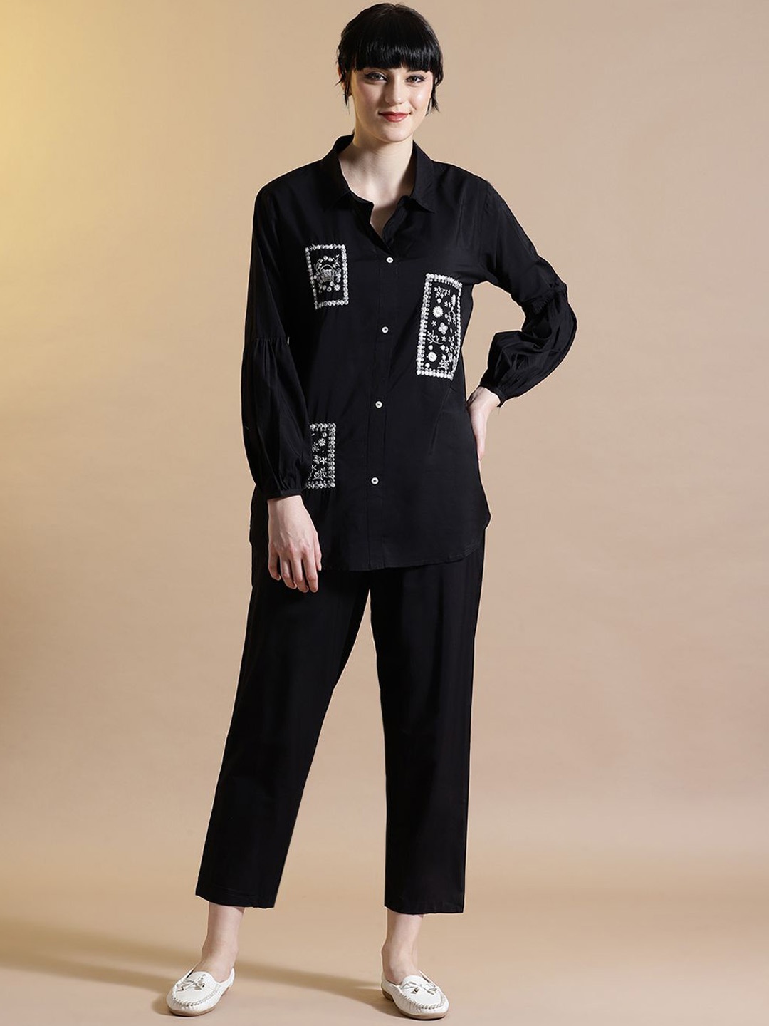 

STYLEBAAZI Embroidered Shirt Collar Neck Shirt With Trousers Co-Ords, Black