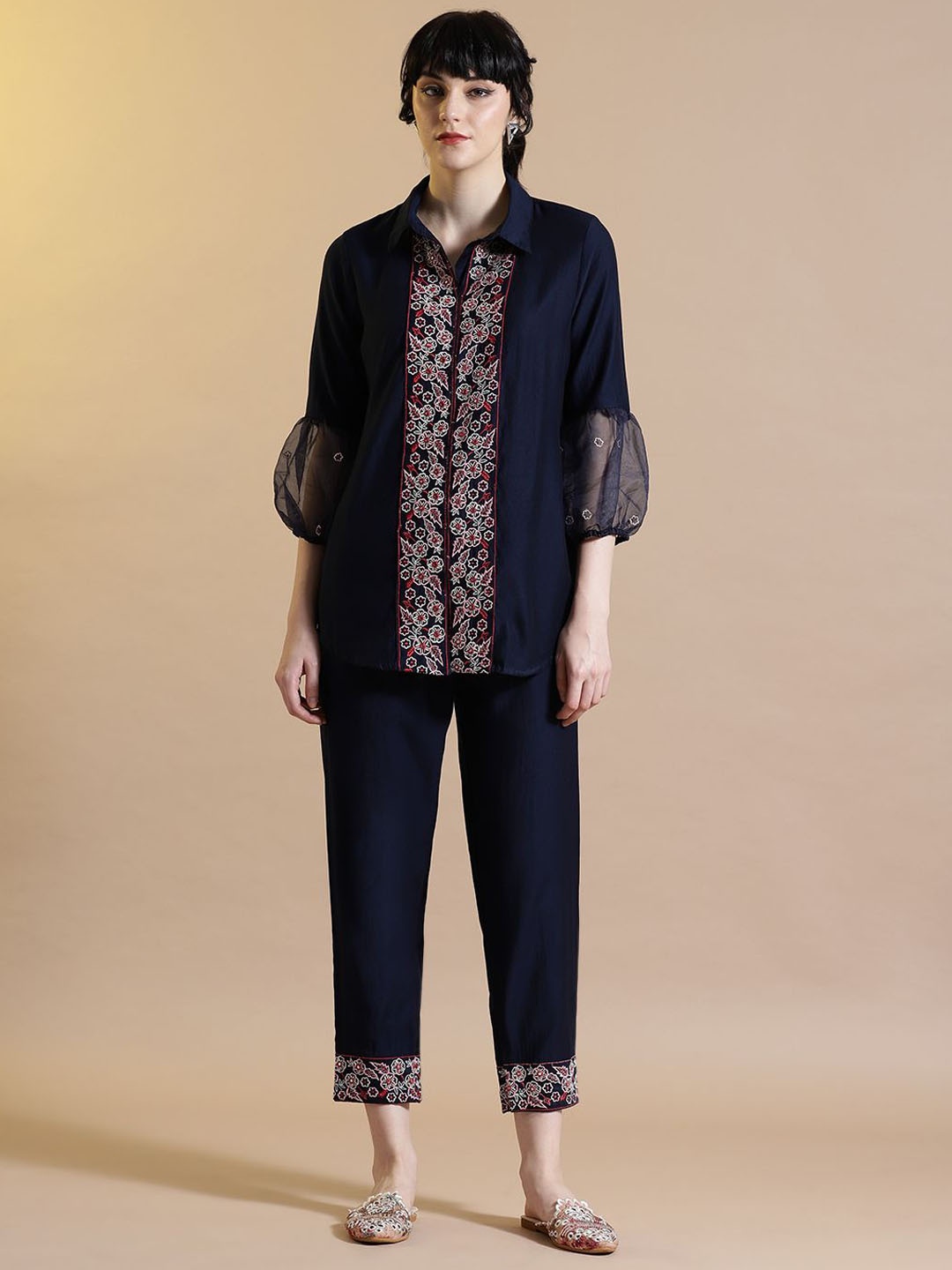 

STYLEBAAZI Floral Embroidered Shirt Collar Neck Shirt With Trousers Co-Ords, Navy blue