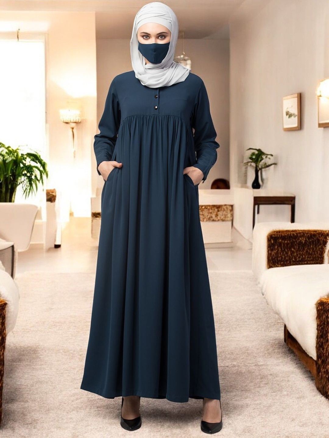 

MUSHKIYA Abaya With Gather And Buttons On Yoke, Teal