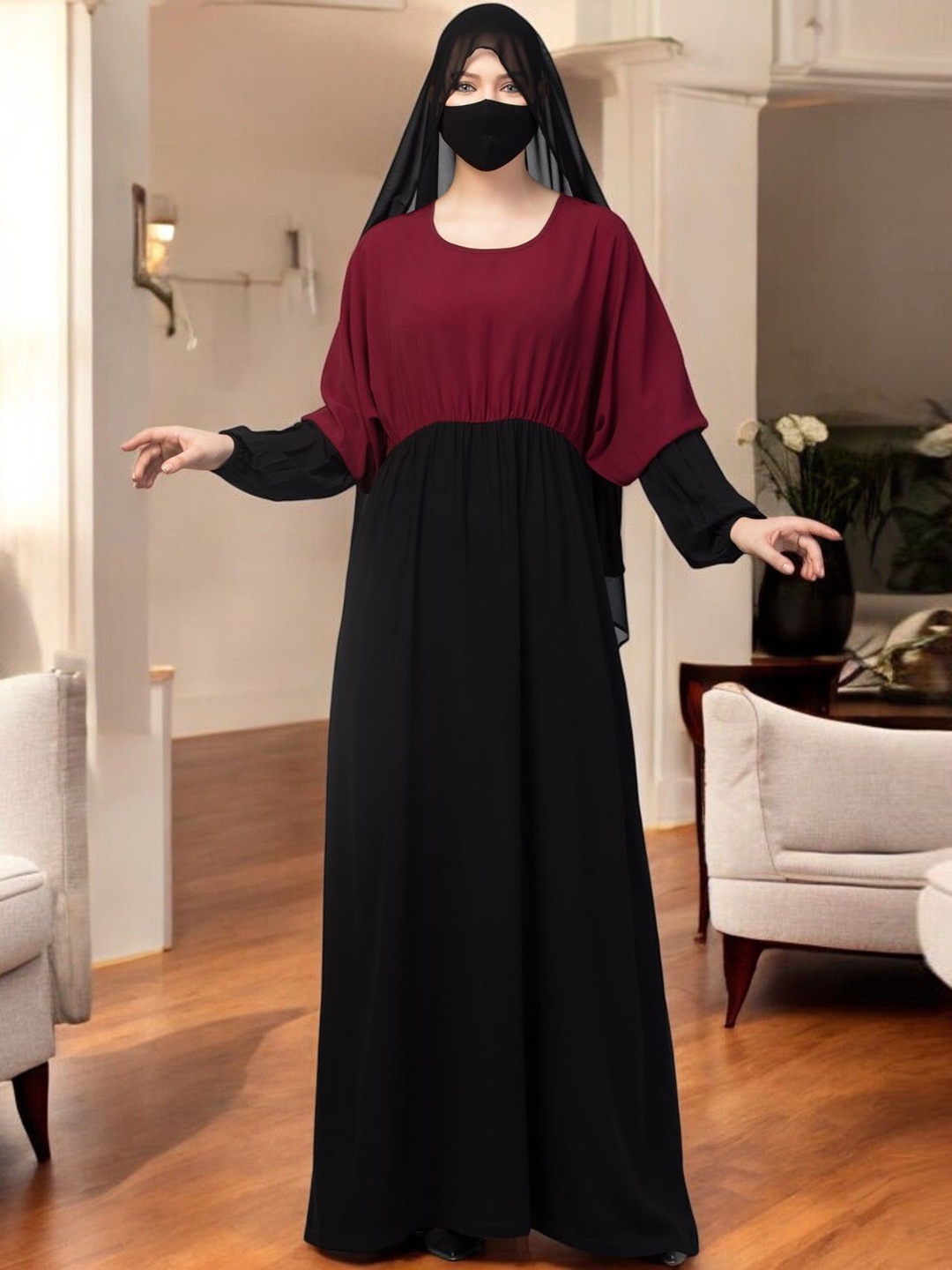 MUSHKIYA Dual Color Abaya With Designer Sleeves, Black