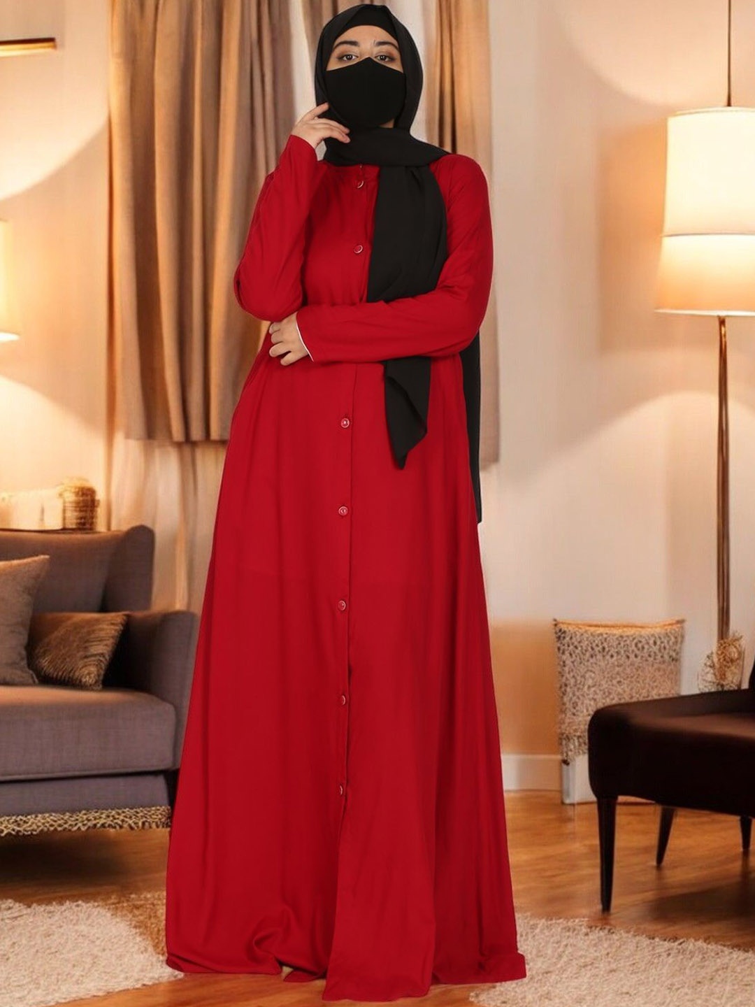 

MUSHKIYA Front Open Abaya In Rayon Fabric, Maroon