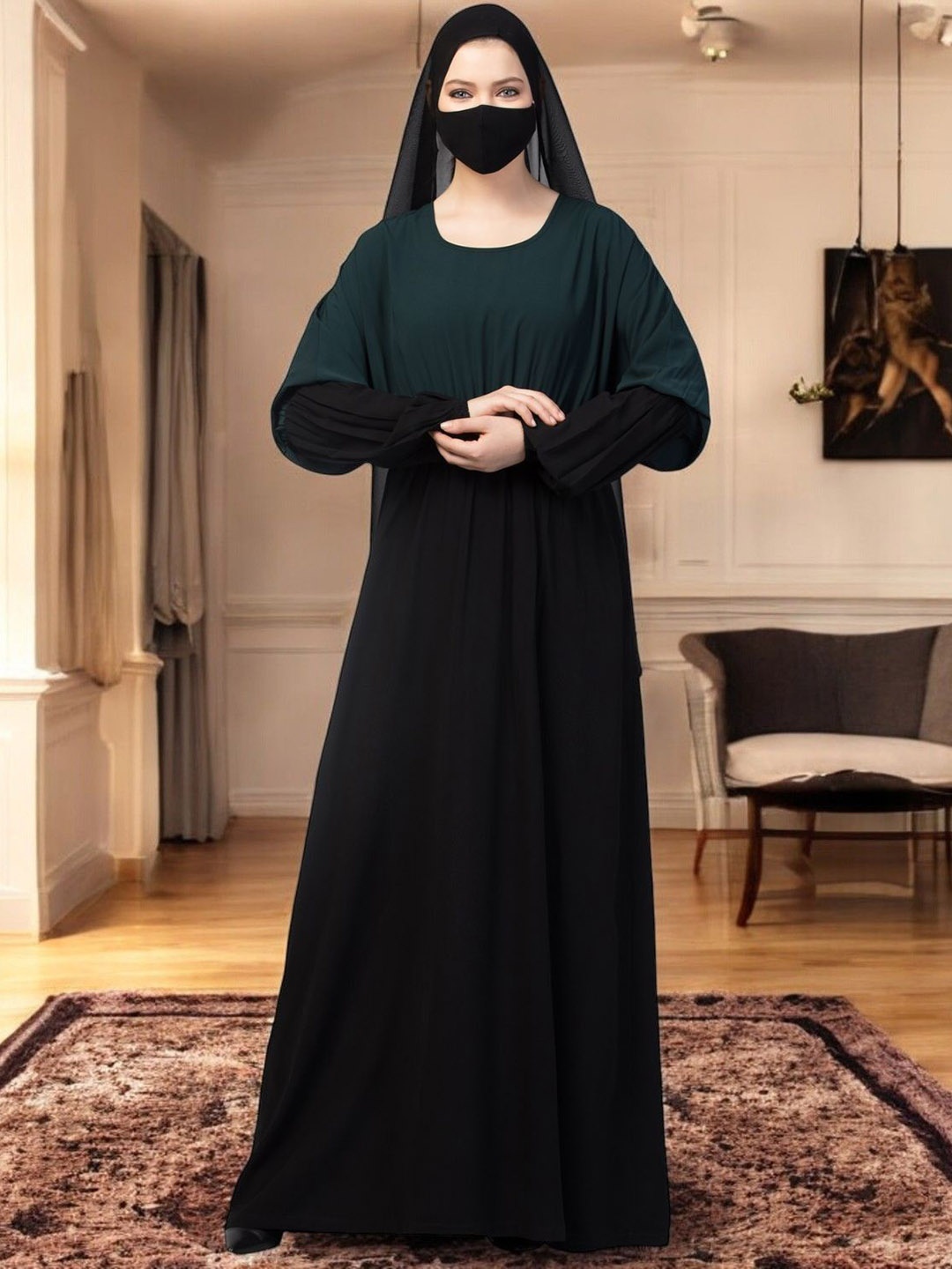 

MUSHKIYA Dual Color Abaya With Designer Sleeves, Black