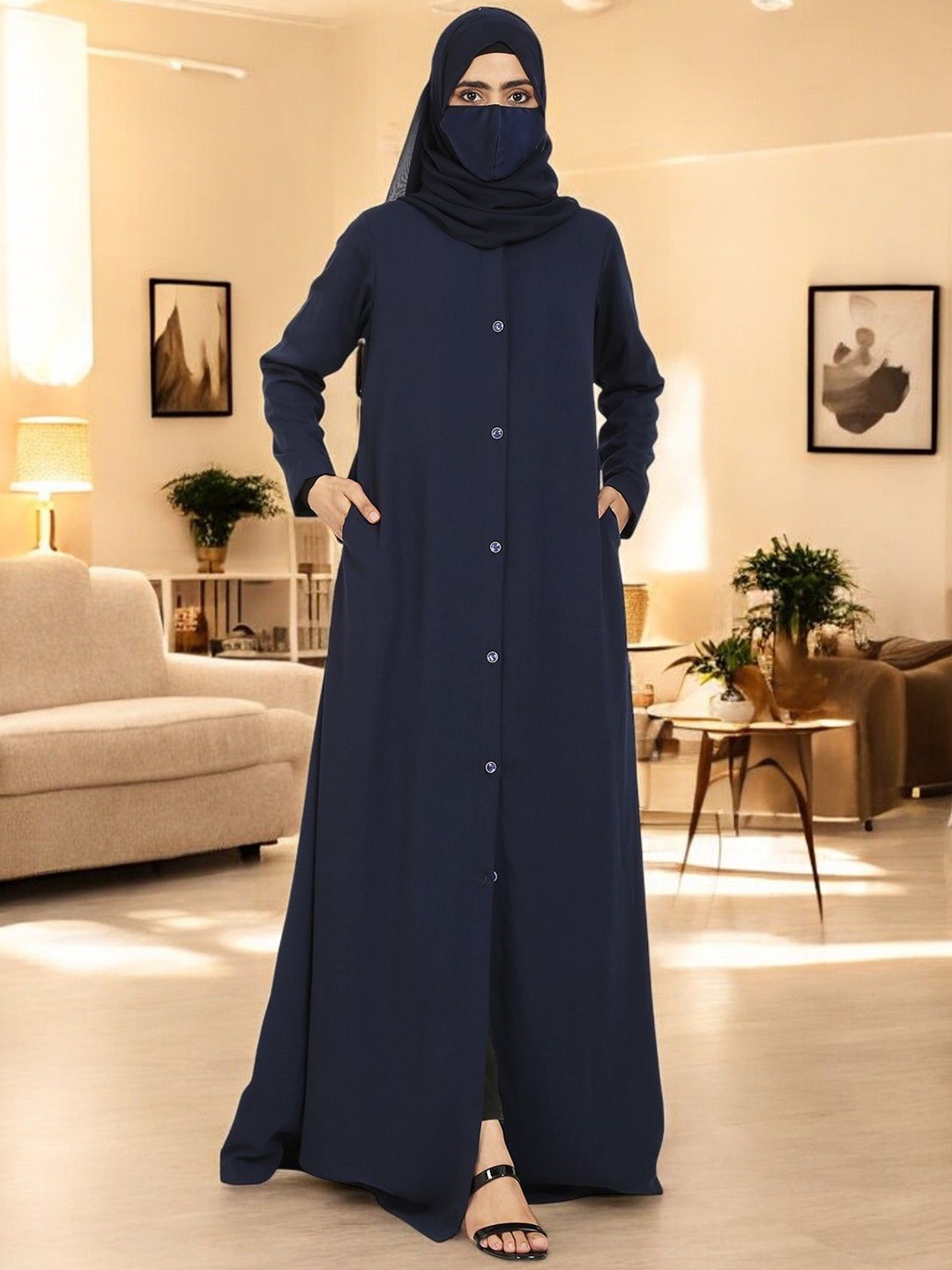 

MUSHKIYA Front Open Abaya In Firdaus Fabric With Pockets, Navy blue