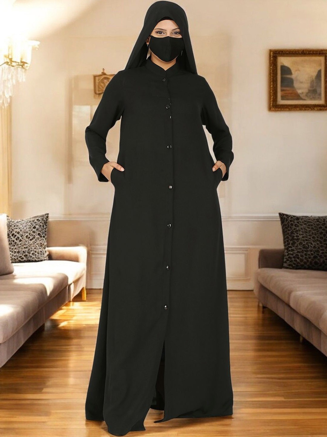 

MUSHKIYA Front Open Abaya In Firdaus Fabric With Pockets, Black