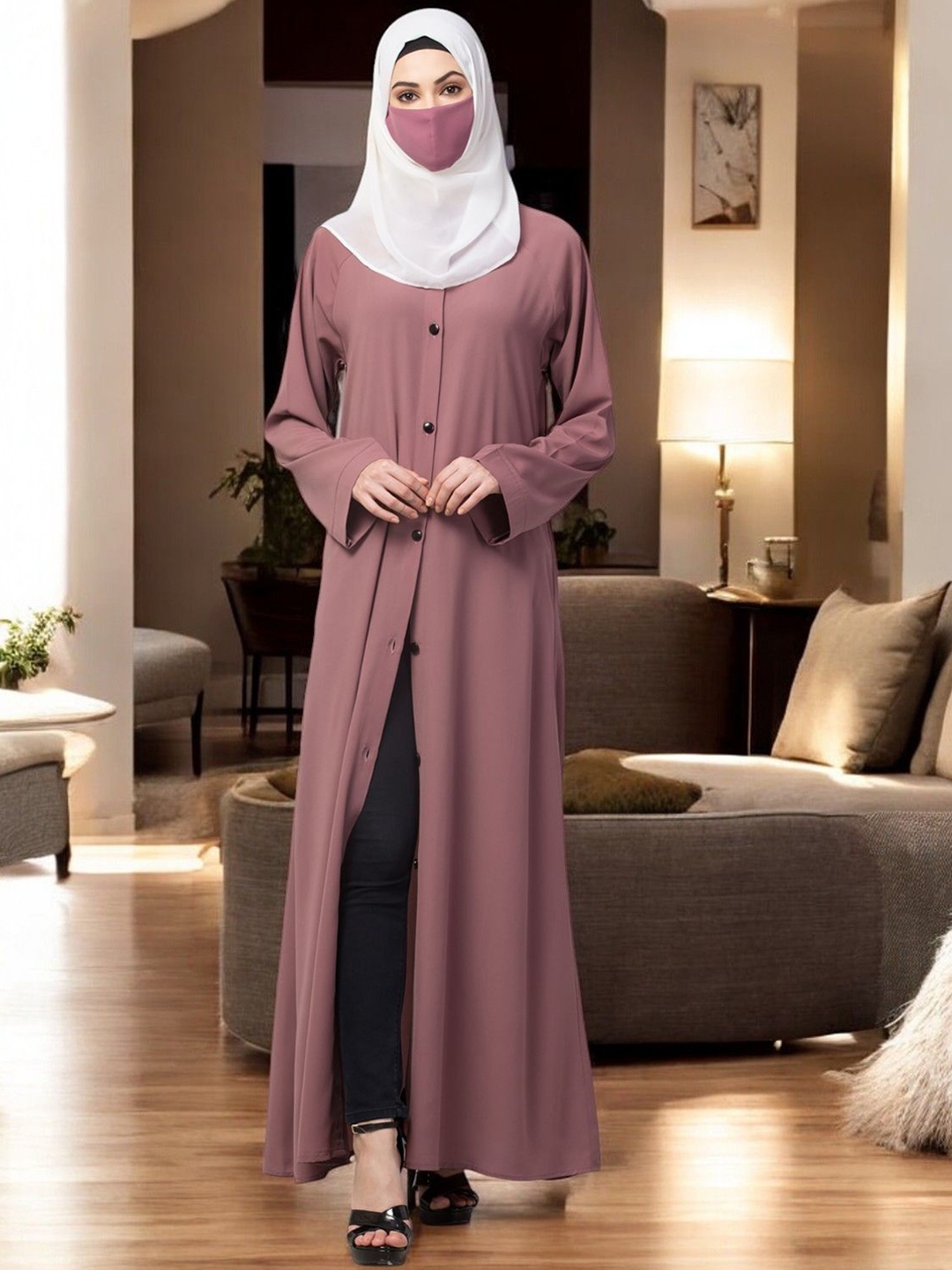 

MUSHKIYA Front Open Abaya With Contrast Buttons, Pink