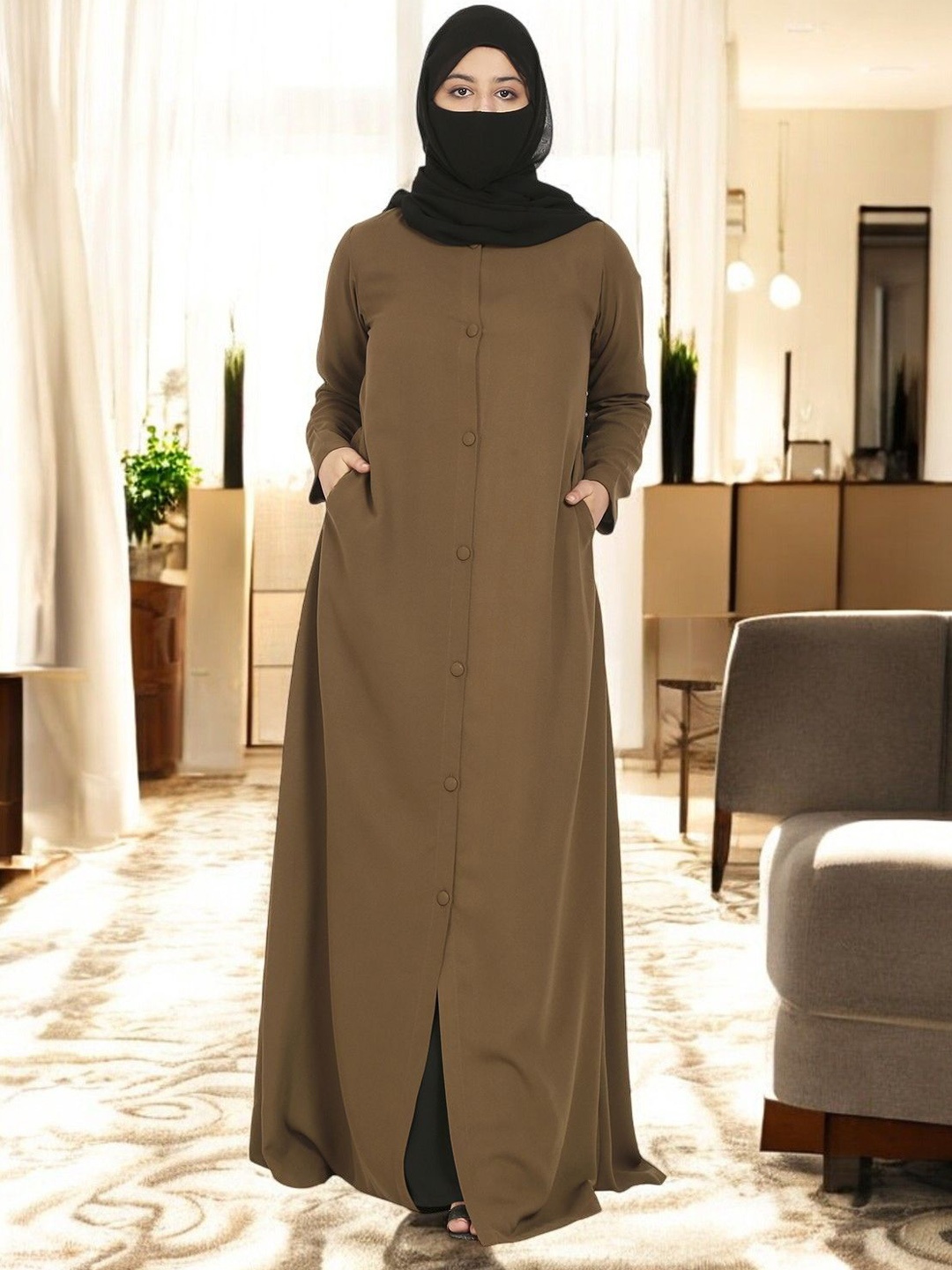 

MUSHKIYA Front Open Abaya In Firdaus fabric With Pockets, Olive