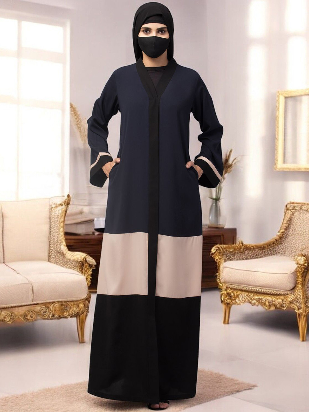 

MUSHKIYA Color-Blaocked Open Abaya., Black