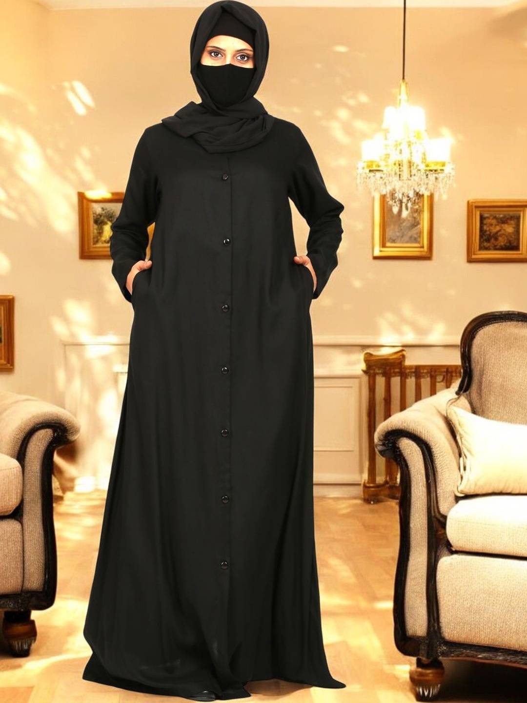

MUSHKIYA Front Open Abaya In Rayon Fabric, Black