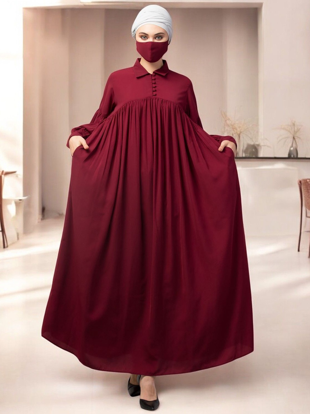 

MUSHKIYA Designer Abaya With Shirt Collar and Balloon Sleeves, Maroon