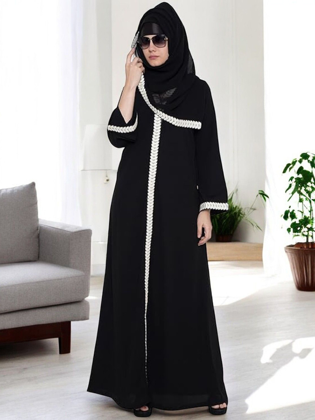 

MUSHKIYA Front Open Dress With Lace Work, Black