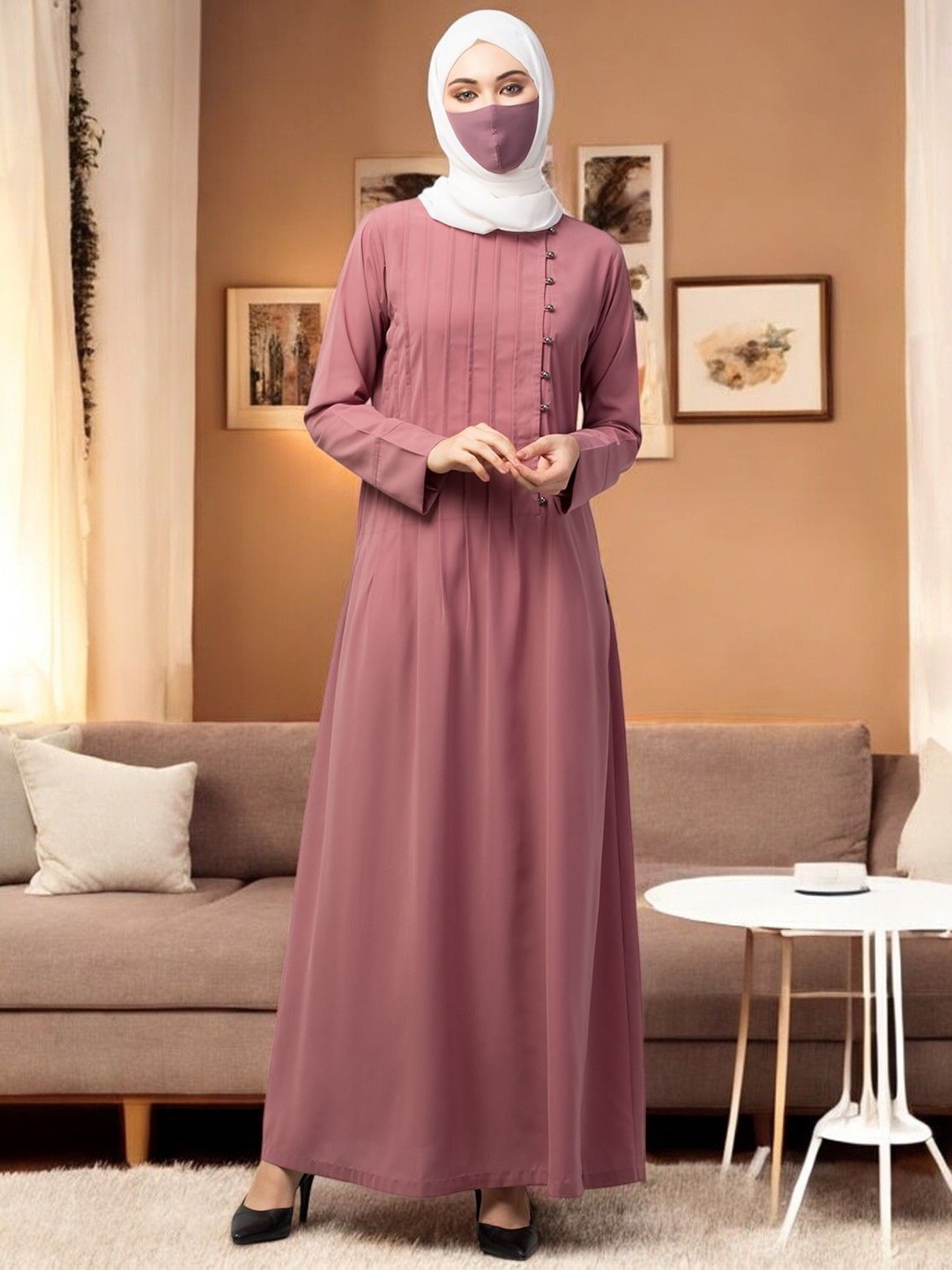 

MUSHKIYA Abaya With Pin Tucks & Scarf, Pink
