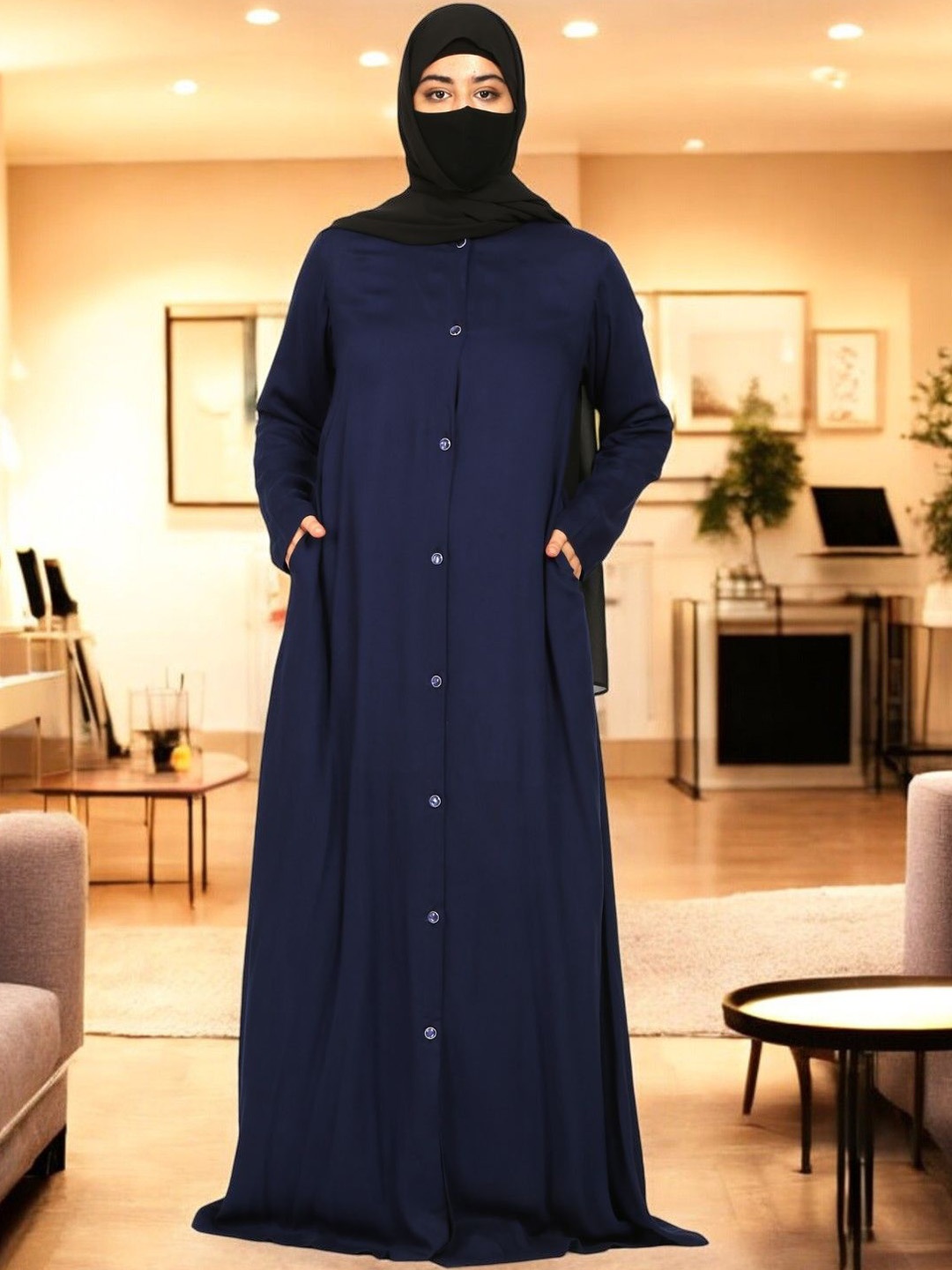 

MUSHKIYA Front Open Abaya In Rayon Fabric, Blue
