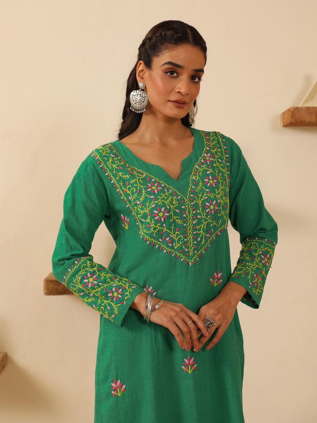 

House Of Chikankari Women Woven Chikankari Cotton Kurta, Green