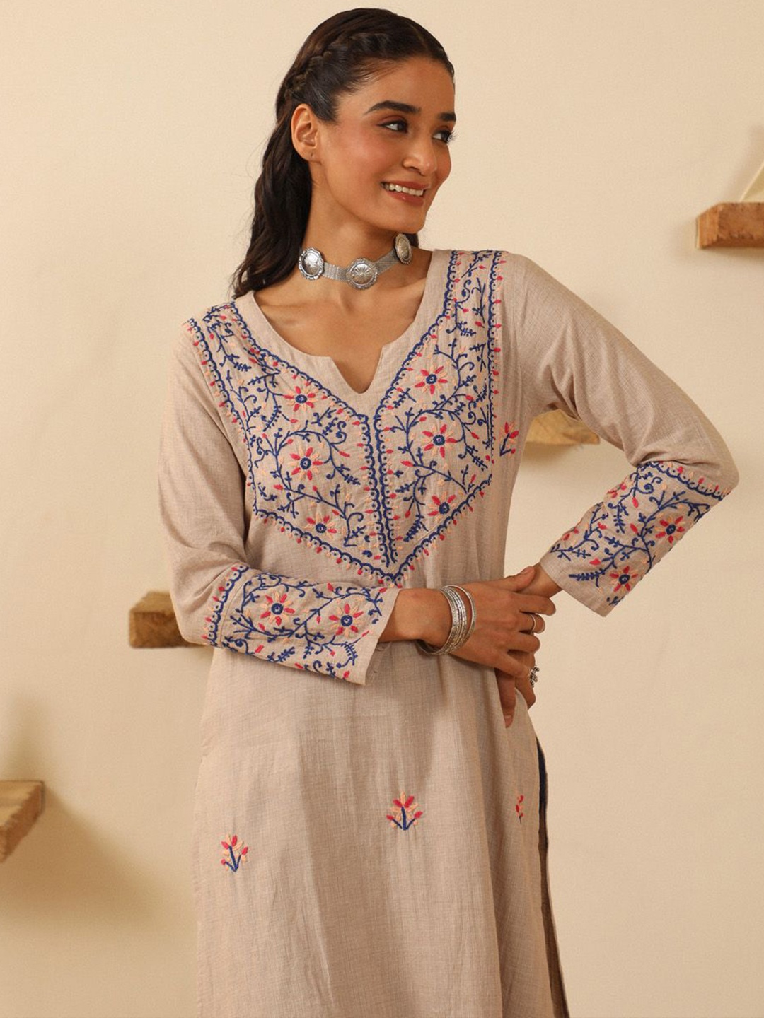 

House Of Chikankari Women's Woven Chikankari Cotton Kurta, Beige