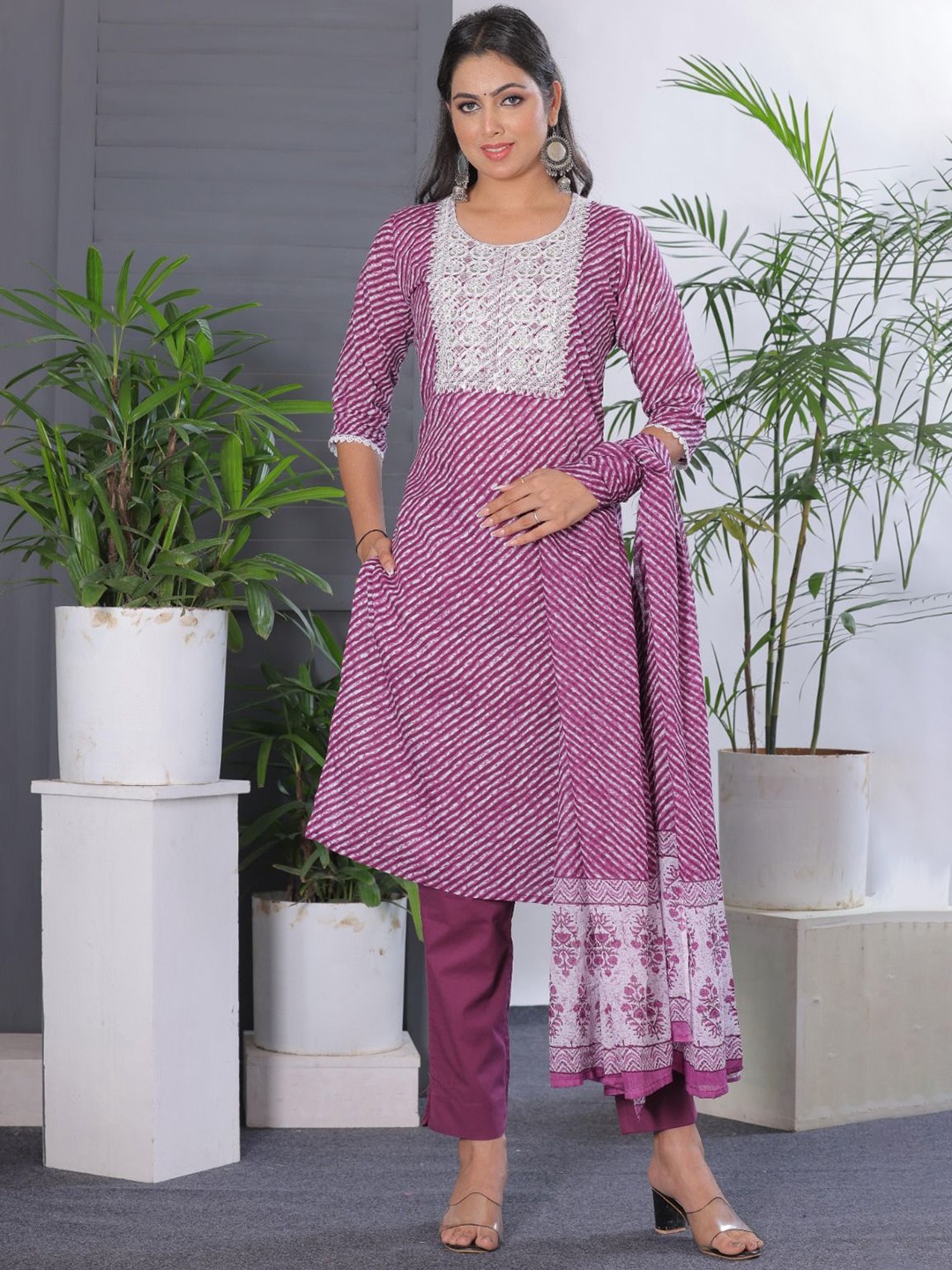 

KALINI Women Leheriya Printed Regular Thread Work Pure Cotton Kurta with Trousers & With Dupatta, Purple