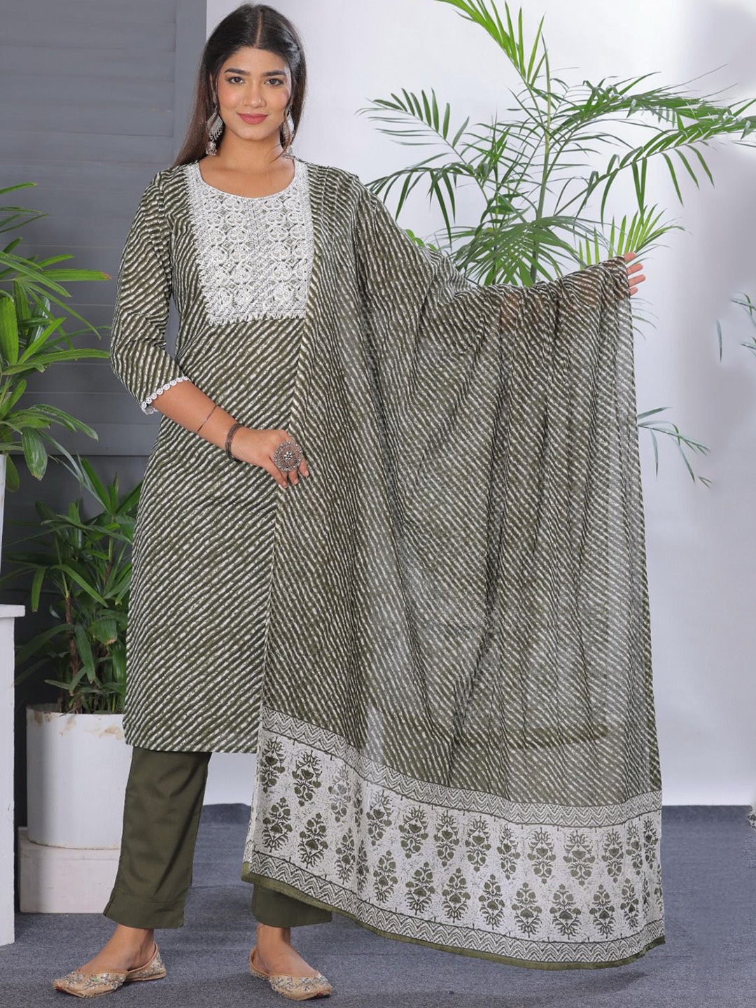 

KALINI Women Leheriya Embroidered Regular Thread Work Pure Cotton Kurta with Trousers & With Dupatta, Olive