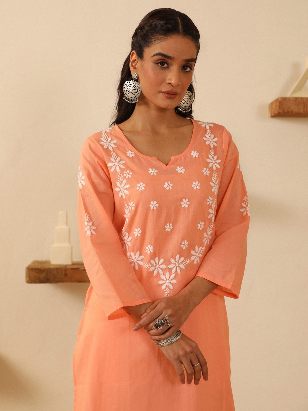 

House Of Chikankari Women's Woven Chikankari Cotton Kurta, Peach