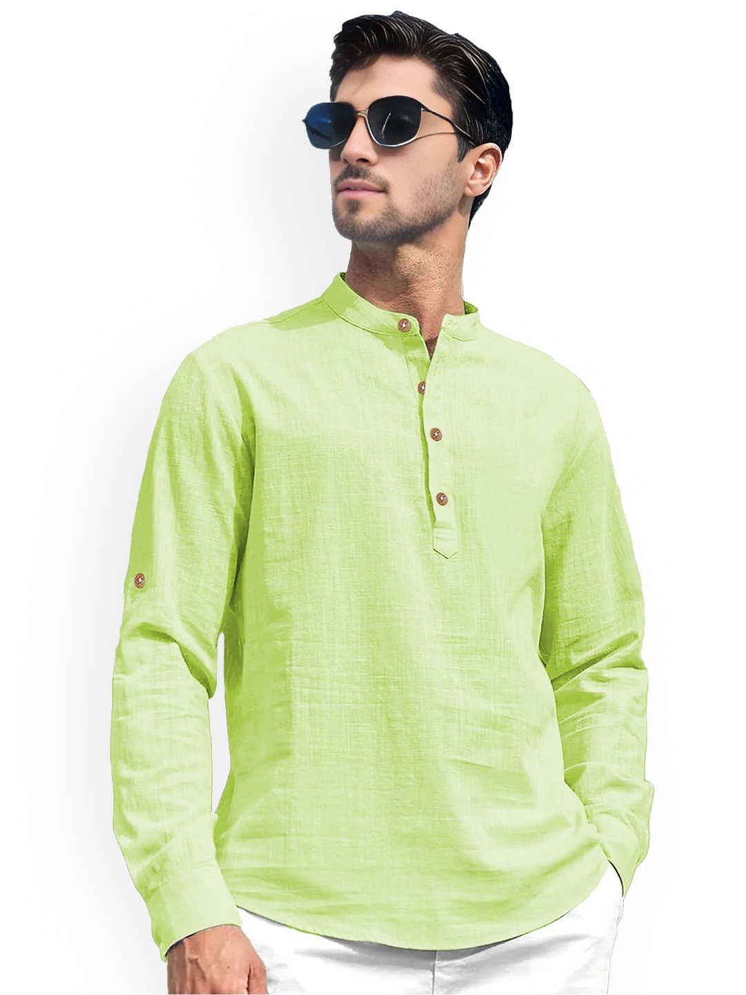 

univibe Band Collar Roll-Up Sleeves Pure Cotton Slim Fit Short Kurta, Sea green