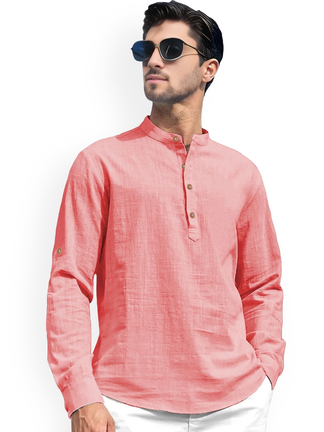 

univibe Band Collar Roll-Up Sleeves Pure Cotton Slim Fit Short Kurta, Peach