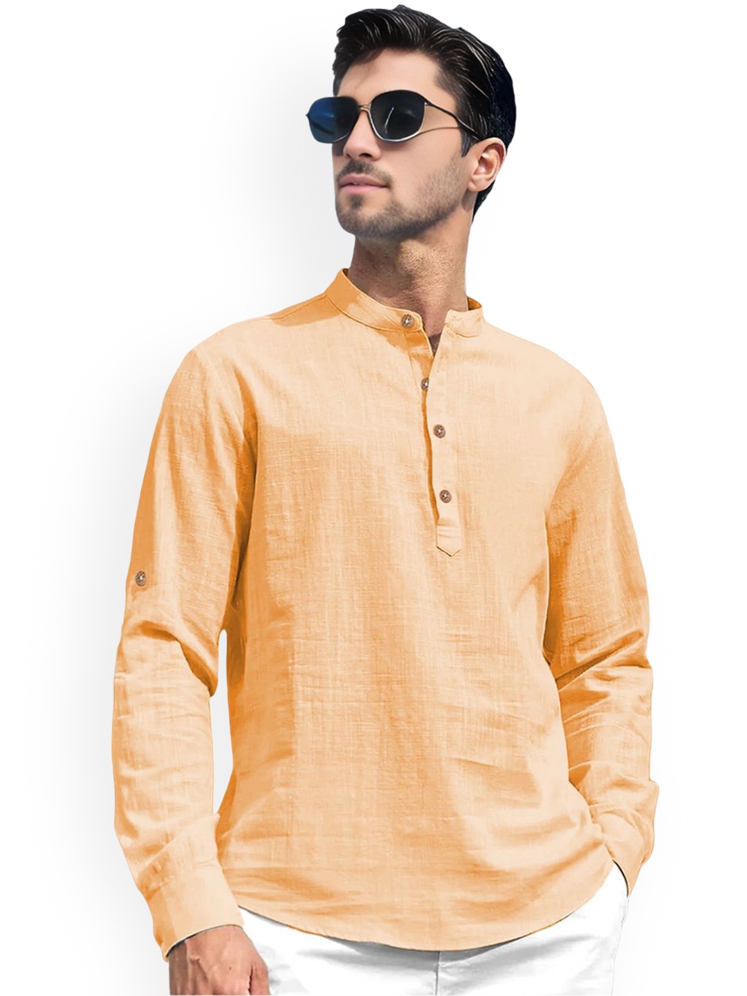 

univibe Band Collar Roll-Up Sleeves Pure Cotton Slim Fit Short Kurta, Orange