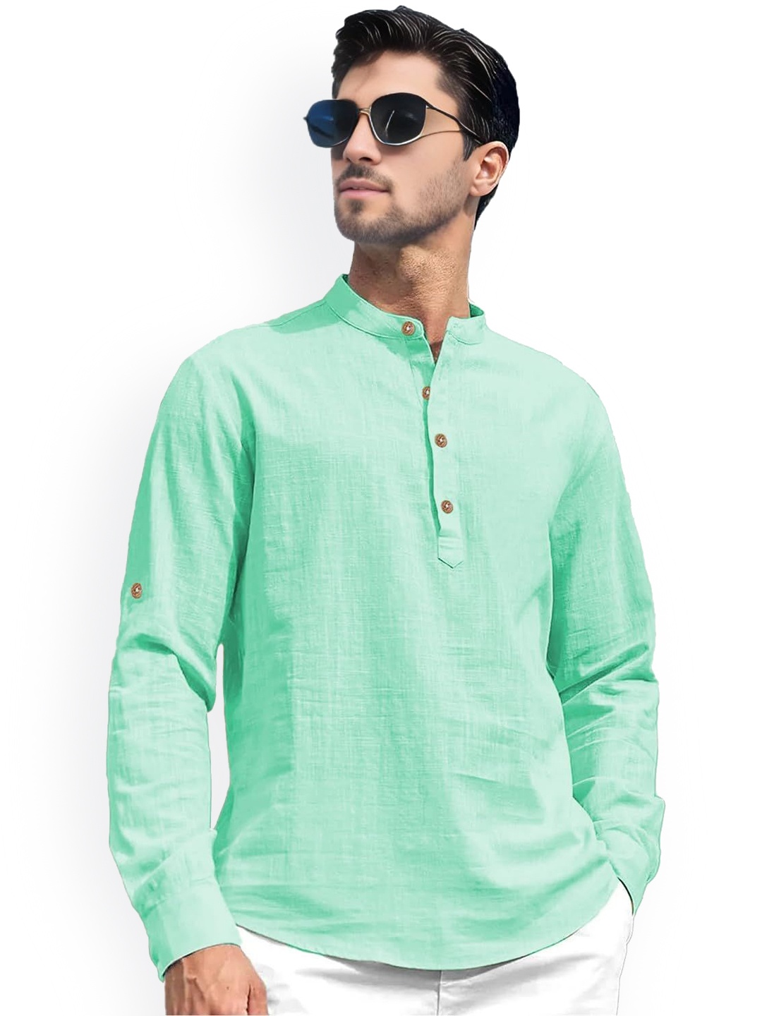 

univibe Band Collar Roll-Up Sleeves Pure Cotton Slim Fit Short Kurta, Lime green