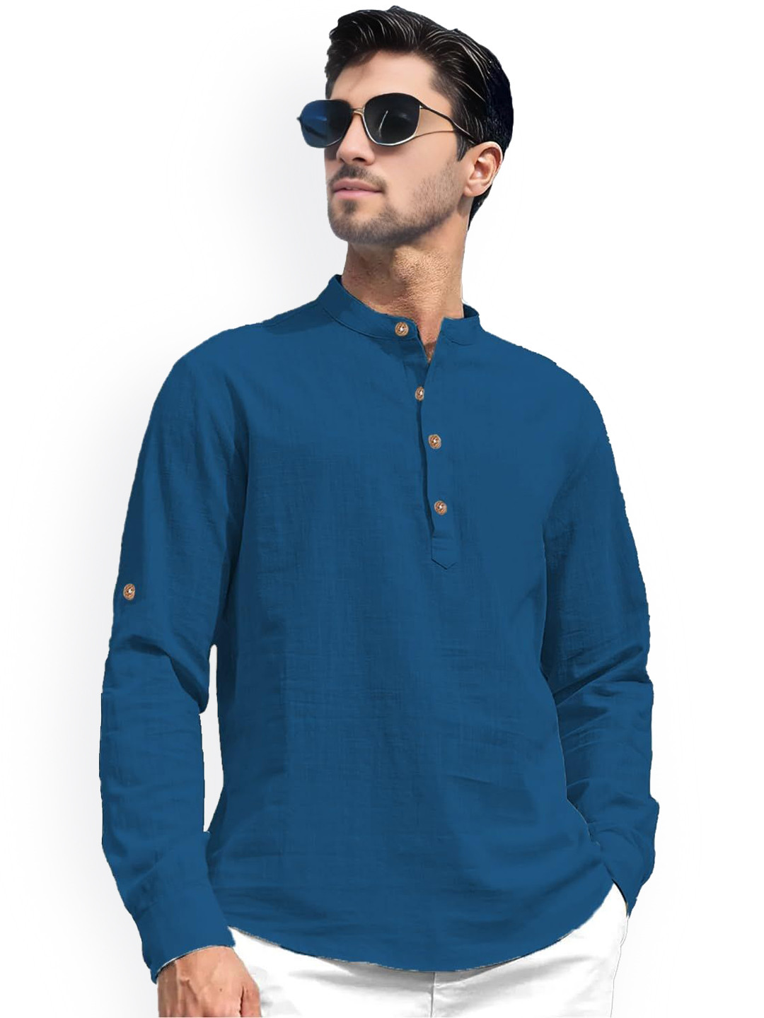 

univibe Band Collar Roll-Up Sleeves Pure Cotton Slim Fit Short Kurta, Teal