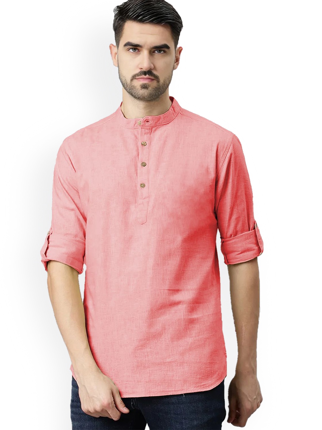 

univibe Band Collar Pure Cotton Kurta, Peach