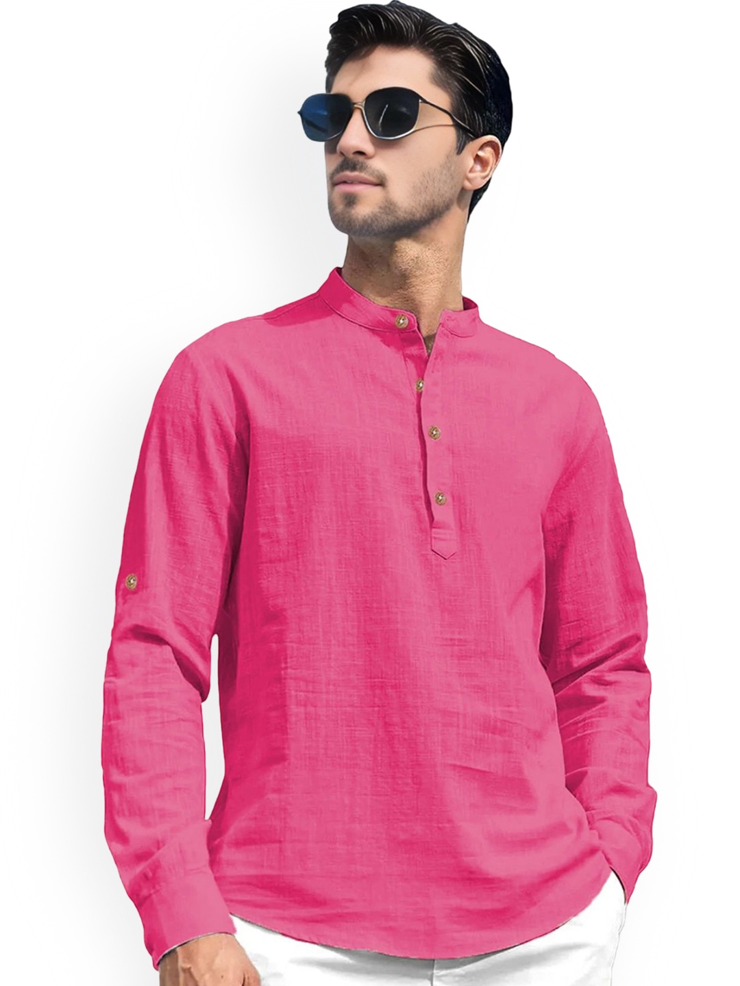 

univibe Band Collar Pure Cotton Kurta, Pink