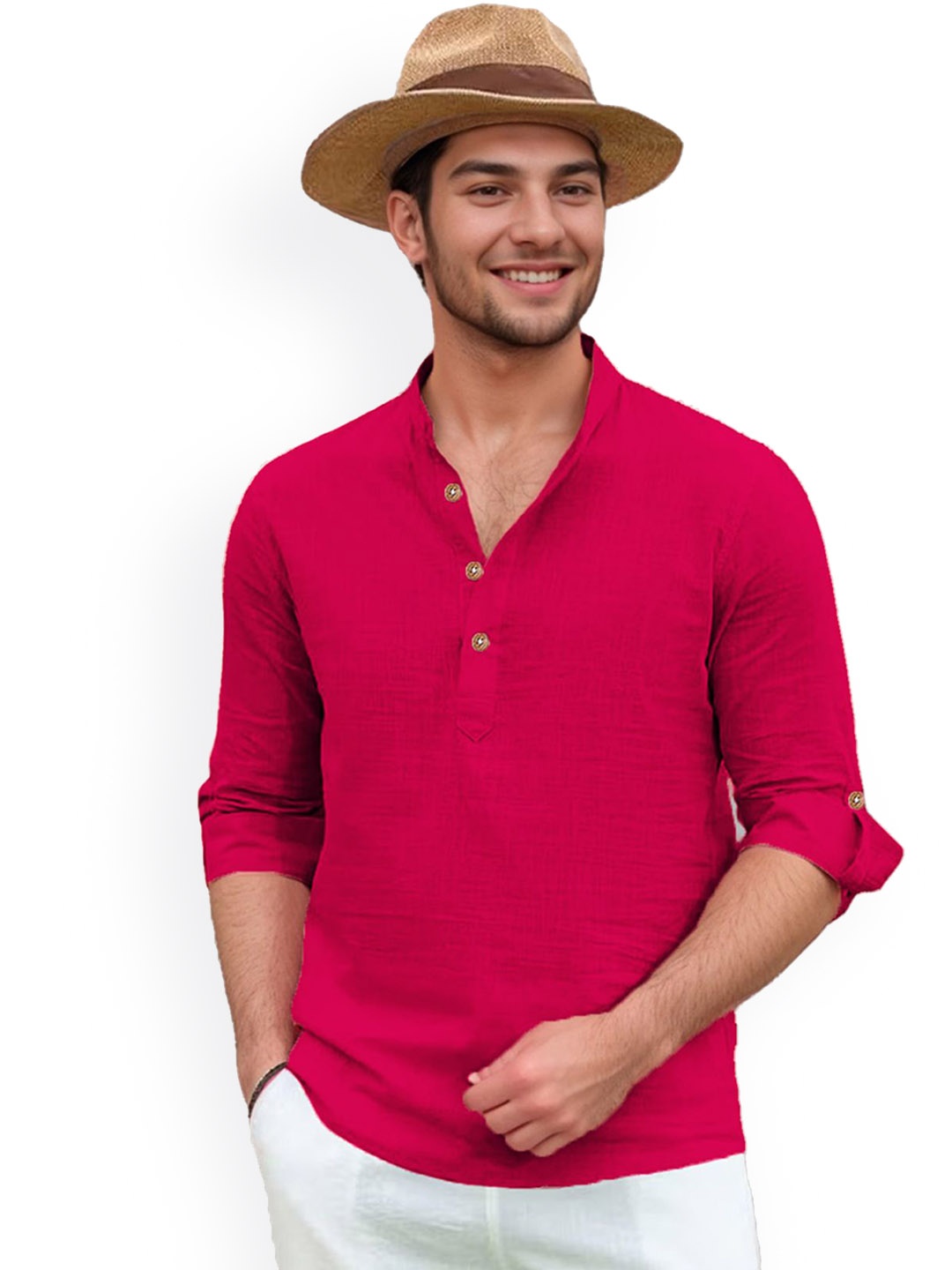 

univibe Band Collar Pure Cotton Kurta, Pink