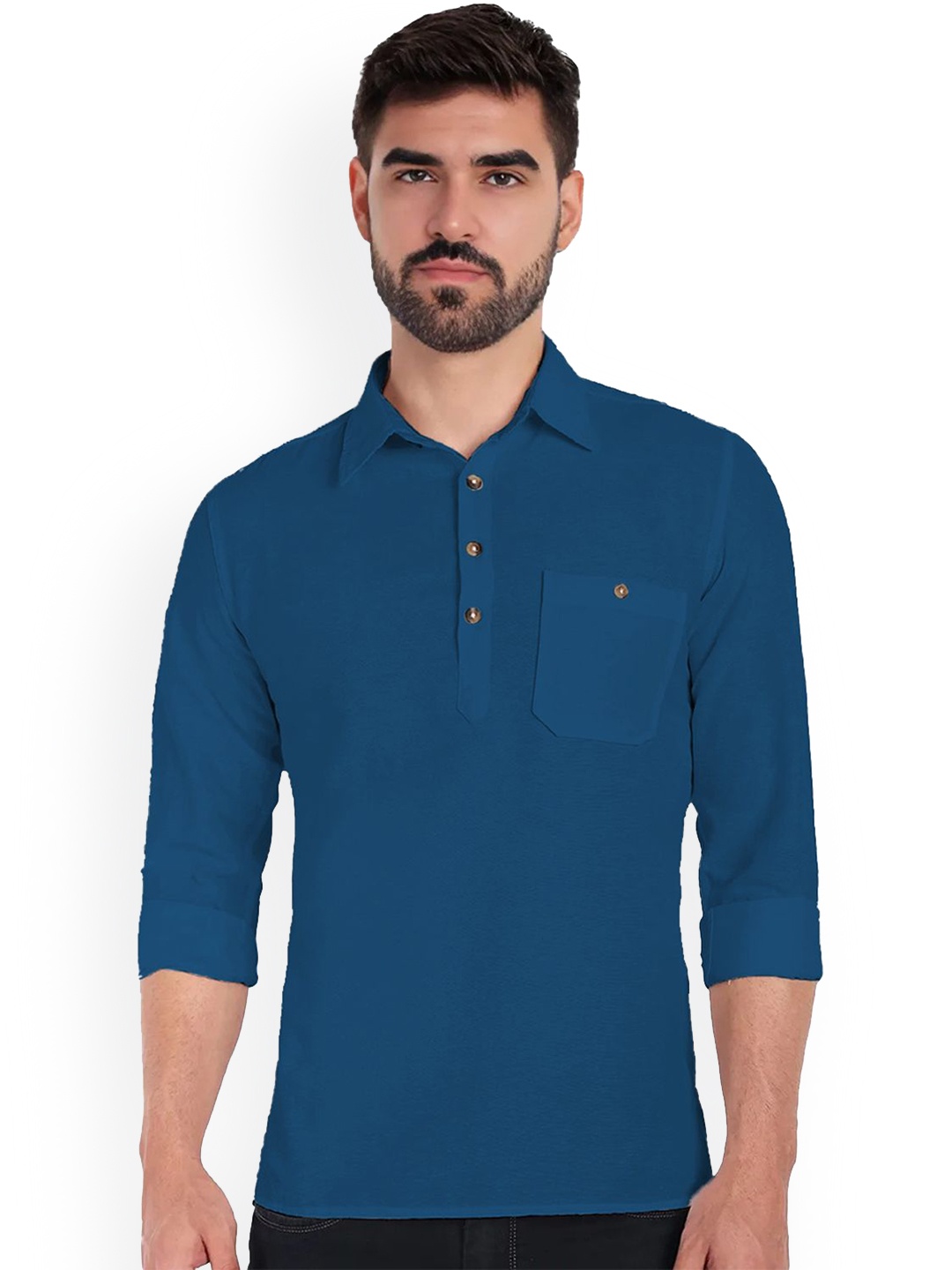 

univibe Shirt Collar Pure Cotton Kurta, Teal