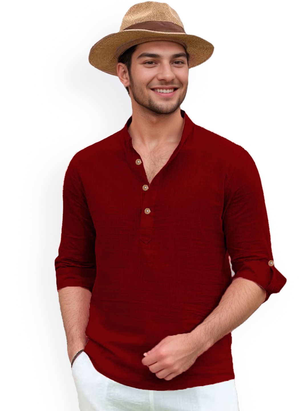 

univibe Band Collar Pure Cotton Kurta, Maroon