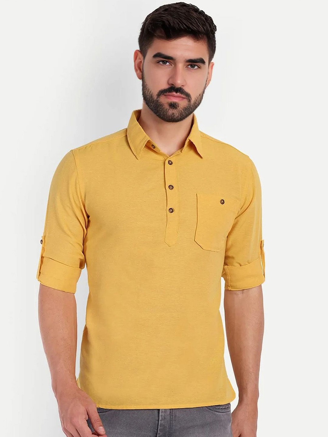

univibe Shirt Collar Pure Cotton Kurta, Yellow
