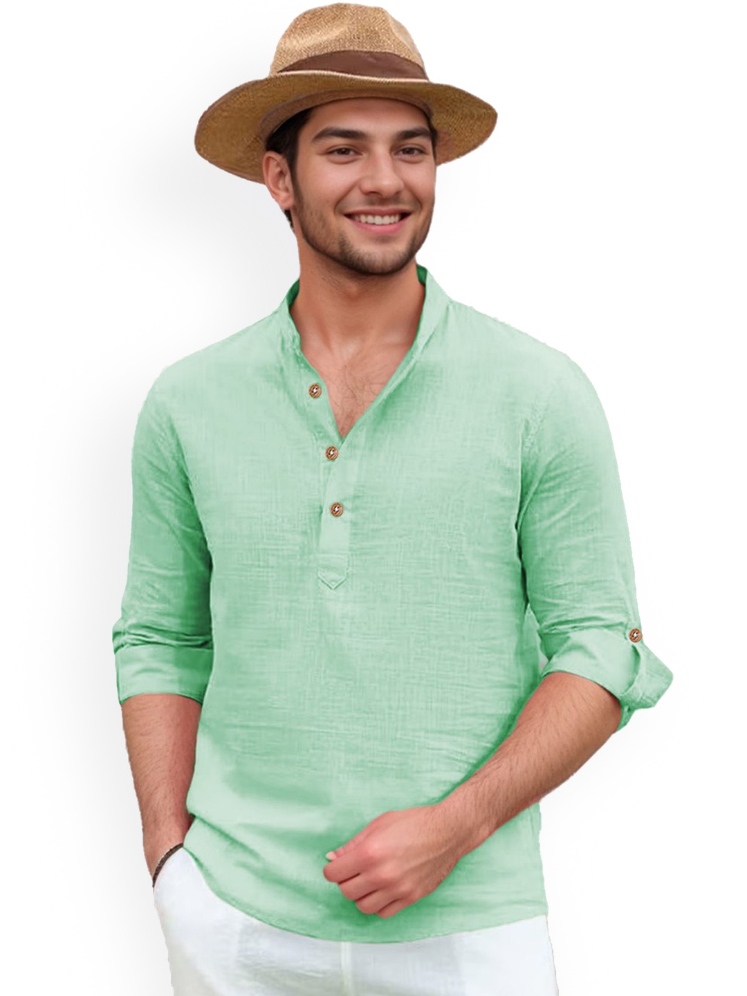 

univibe Band Collar Pure Cotton Kurta, Lime green