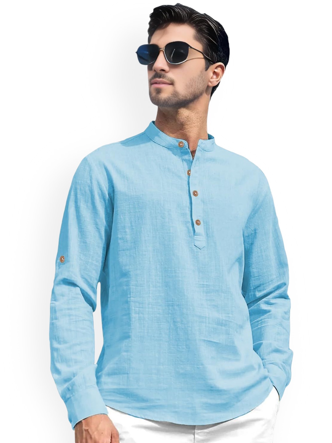 

univibe Band Collar Pure Cotton Kurta, Blue