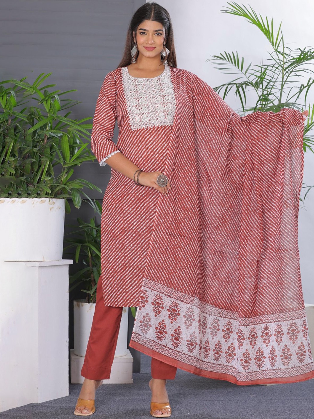

KALINI Women Leheriya Embroidered Regular Mirror Work Pure Cotton Kurta with Trousers & With Dupatta, Maroon