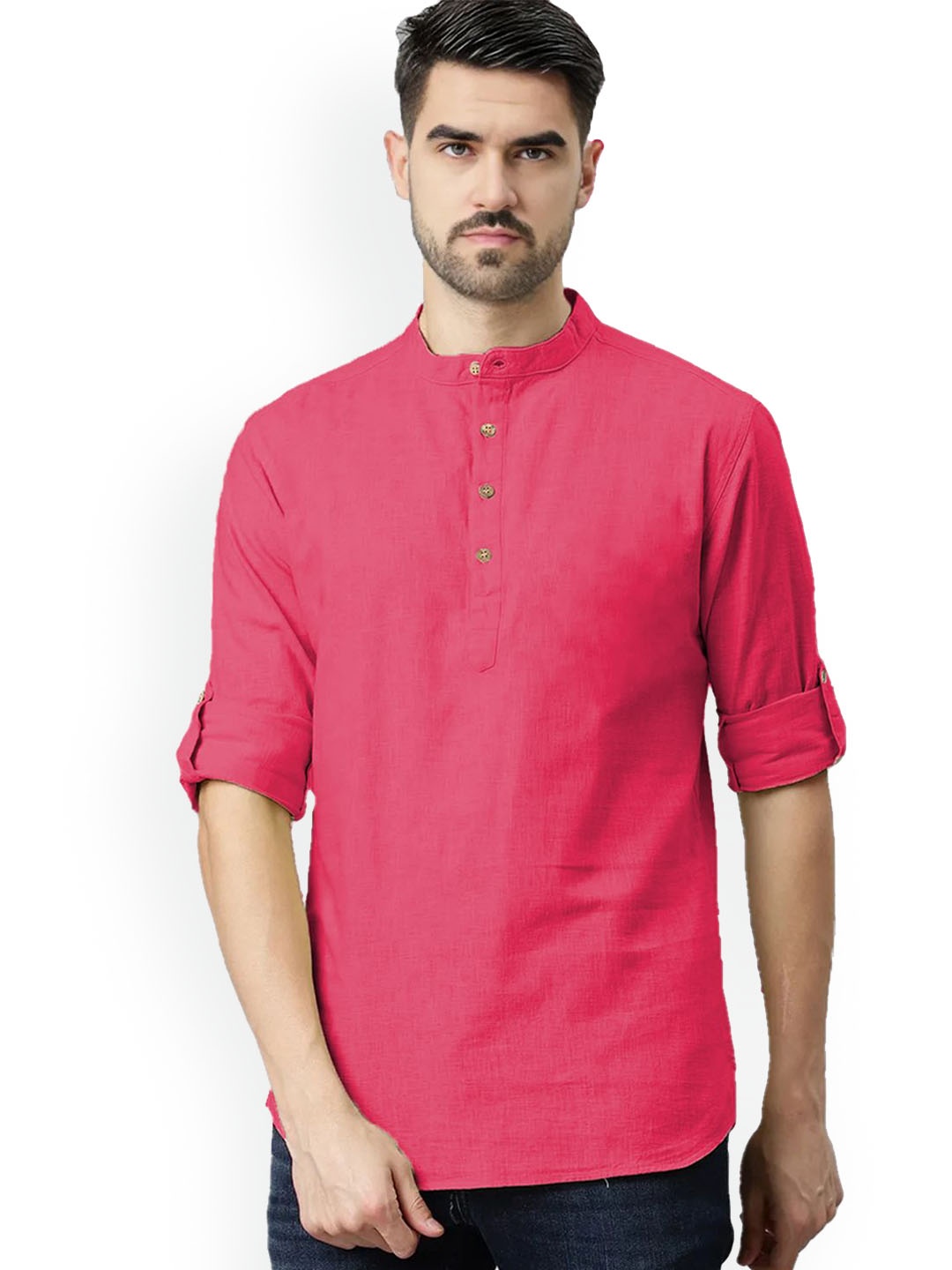 

univibe Band Collar Pure Cotton Kurta, Pink