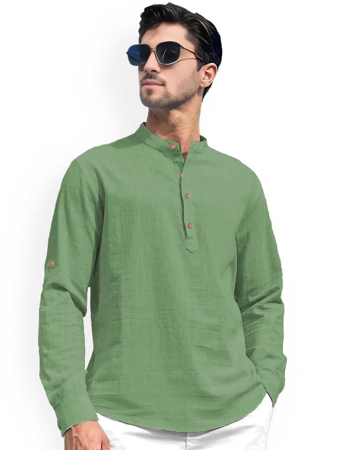 

univibe Band Collar Pure Cotton Kurta, Olive