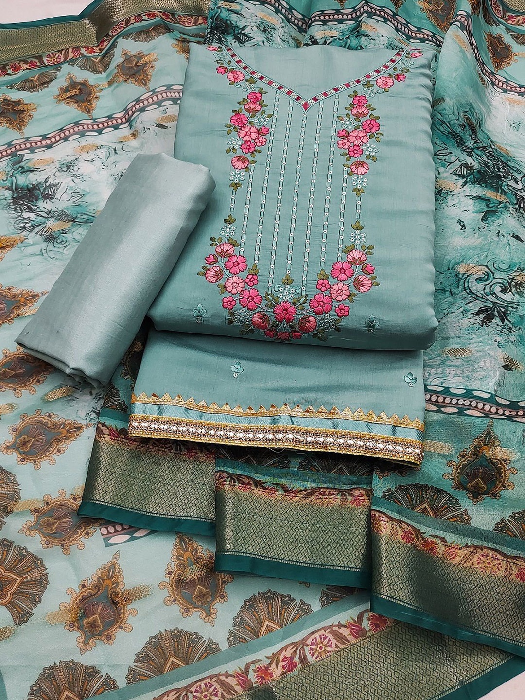 

A TO Z CART Embroidered Pure Silk Unstitched Dress Material, Turquoise blue