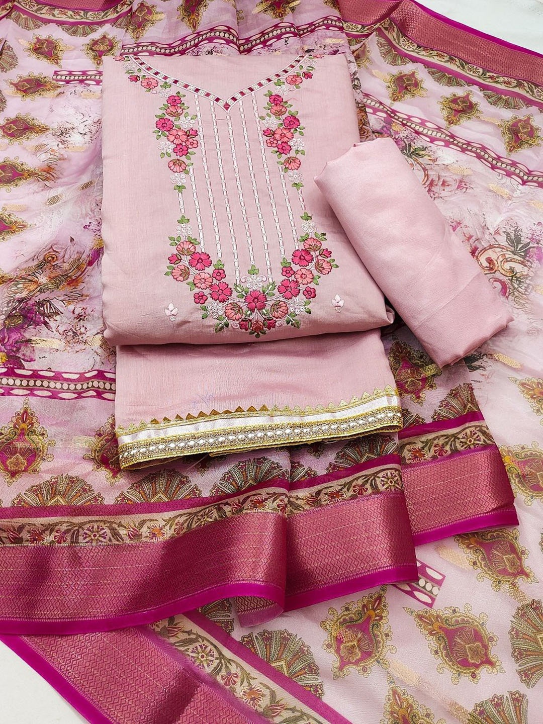 

A TO Z CART Embroidered Pure Silk Unstitched Dress Material, Pink