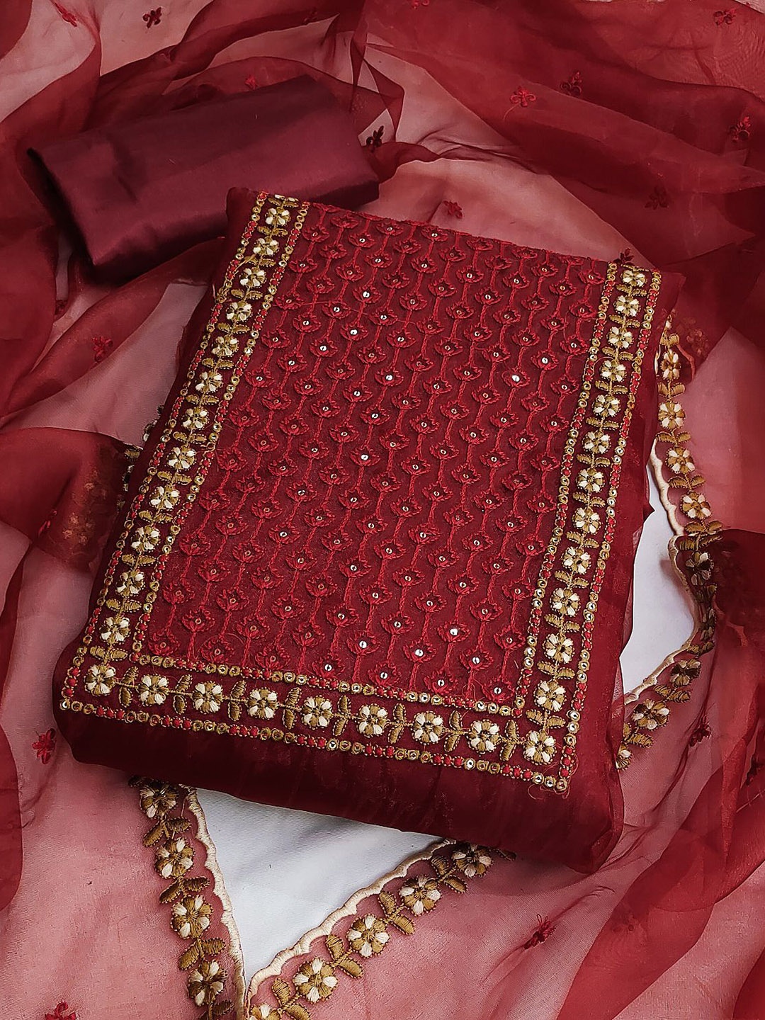 

A TO Z CART Embroidered Pure Silk Unstitched Dress Material, Maroon