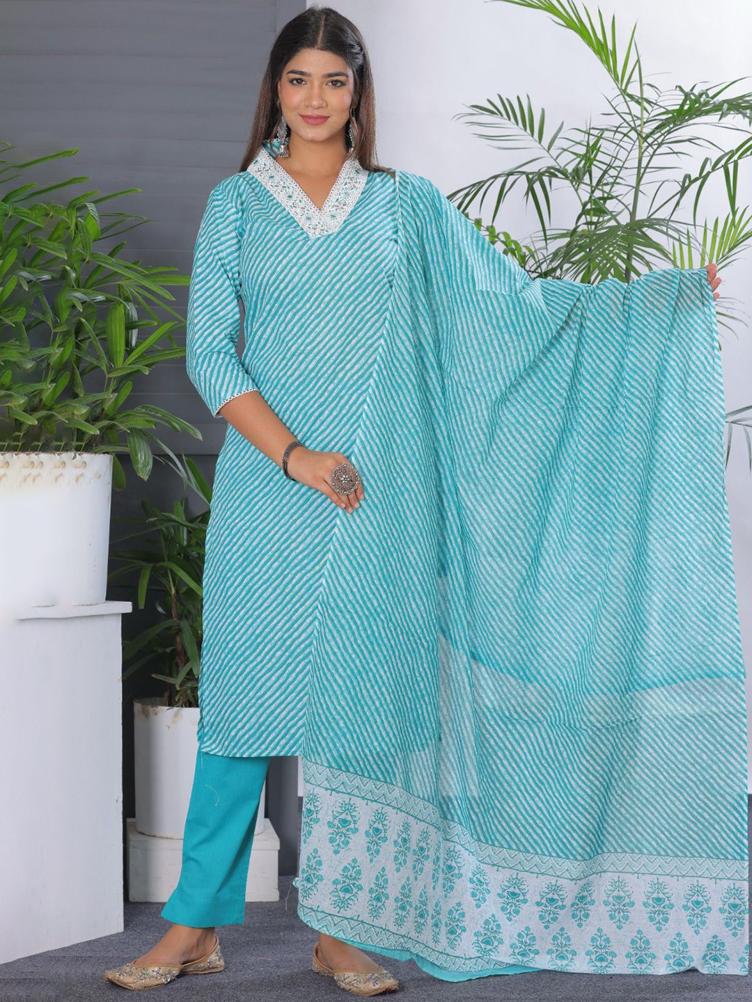 

KALINI Women Leheriya Printed Regular Thread Work Pure Cotton Kurta with Trousers & With Dupatta, Blue